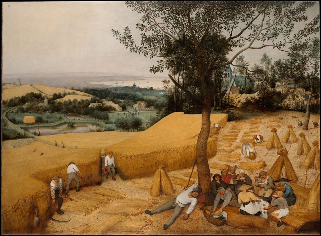 Painting titled "The Harvesters" by Pieter Bruegel the Elder (Netherlandish), 1565