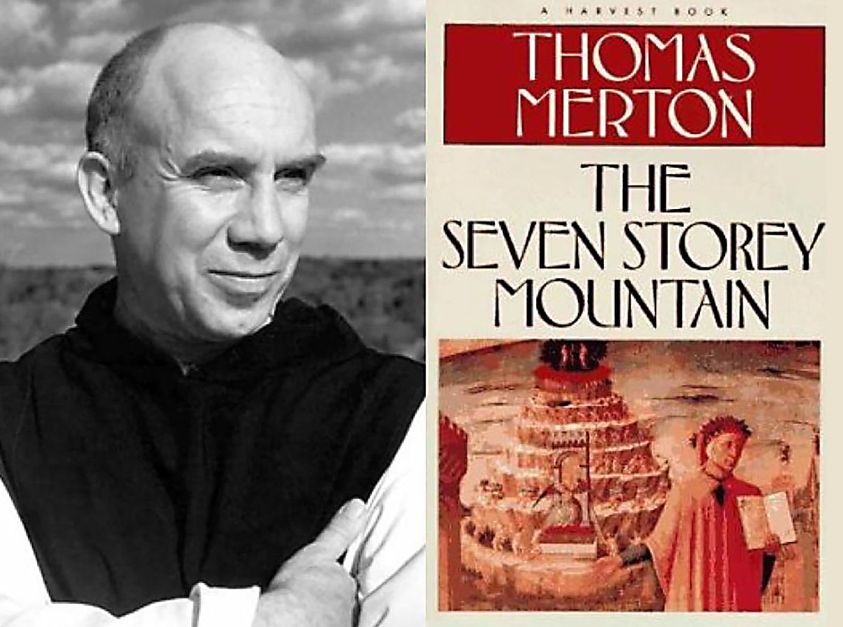 Thomas Merton portrait photo, Seven Storey Mountain book cover, Wikimedia Commons