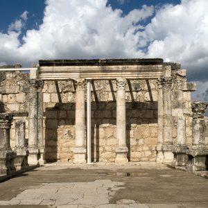 Ruins of the ancient Great Synagogue at Capernaum (or Kfar Nahum) on the shore of the Lake of Galilee, Northern Israel. Source: Wikimedia Foundation.