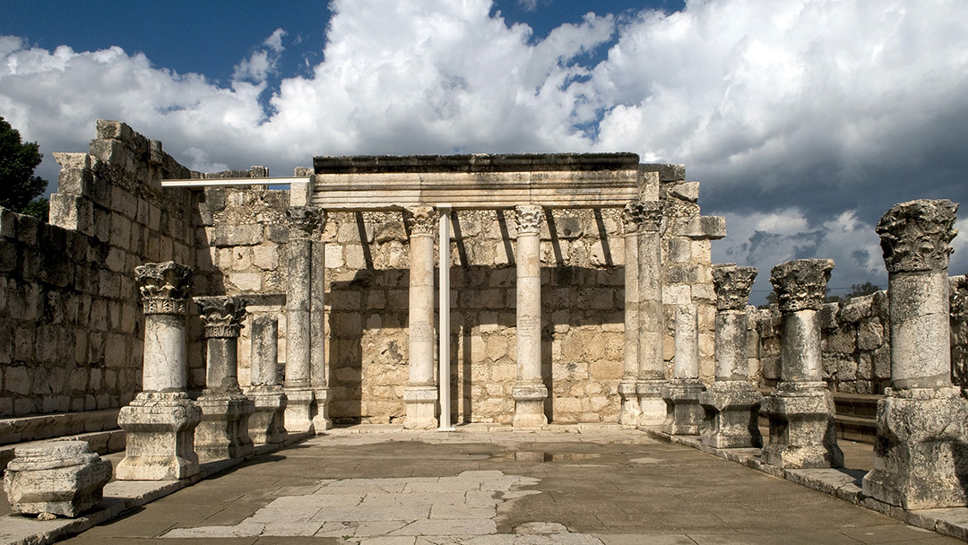 Ruins of the ancient Great Synagogue at Capernaum (or Kfar Nahum) on the shore of the Lake of Galilee, Northern Israel. Source: Wikimedia Foundation.